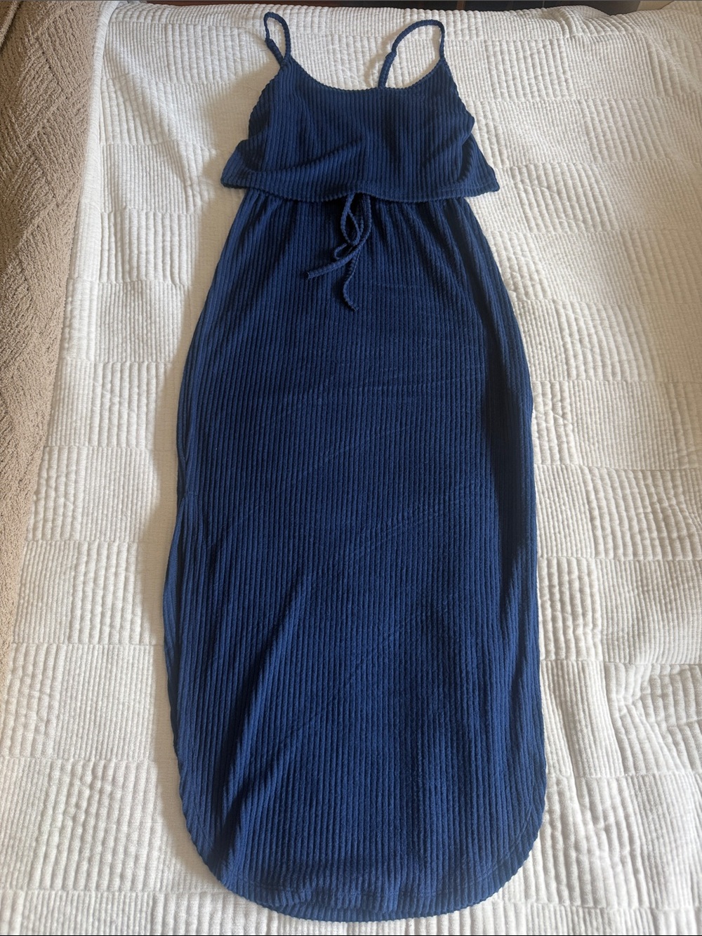 SHEIN Navy Ribbed Spaghetti-Strap Maxi Dress with Drawstring
